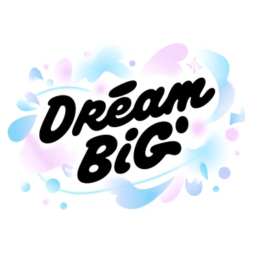 A large poster fills the entire frame, showcasing a dazzling array of bold colors in a gradient design. Geometric shapes in various sizes are scattered across the poster, including circles, triangles, and squares, all in contrasting hues. Lines crisscross the composition, creating dynamic movement throughout the piece. In the center, a large, eye-catching phrase "DREAM BIG" is prominently displayed in a stylized font, surrounded by decorative elements such as stars and abstract swirls, enhancing the visual impact. The overall composition is designed to grab immediate attention.