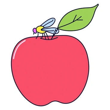 A close-up of a Drosophila fly, featuring its small body and large, translucent wings. The fly is perched on a ripe red apple, showcasing the apple's smooth, glossed surface and vibrant color. The apple has a fresh, green leaf attached to its stem, providing contrast to the red fruit. The background is softly blurred to emphasize the details of the fly and the apple.