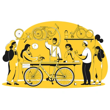 A spacious workshop filled with tools and materials for bicycle assembly. Several customers of varying ages are gathered around a central workbench. A knowledgeable instructor demonstrates how to connect bicycle parts, holding a yellow frame in one hand. Each customer is focused, some are taking notes while others are assembling wheels, handlebars, and pedals. Various bicycle components, such as tires and chains, are neatly arranged on shelves in the background. The atmosphere is lively with discussions and laughter as they work together on their projects.