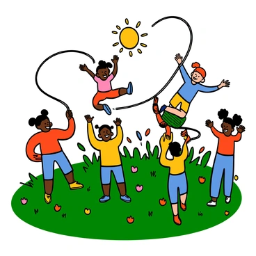 A vibrant neighborhood yard filled with green grass and blooming flowers. A group of children with diverse skin tones and hairstyles are engaged in a friendly competition, each trying to showcase their best tricks while jumping rope. One child is jumping high in the air, performing a split, while another is spinning the rope faster in preparation for their turn. A third child is cheering on their friends, wearing a bright yellow shirt and clapping their hands, while a fourth child is laughing joyfully with their arms raised in excitement. The sun is shining down, creating a cheerful atmosphere filled with the spirit of play and camaraderie.