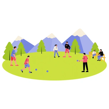 A petanque game taking place on a green grassy field. Players are standing in a circle, focusing intently on their metal balls. In the background, there are majestic mountains with snow-capped peaks under a clear blue sky. A few trees line the edges of the field, adding natural elements to the scene. The players are wearing casual clothing, and there are a couple of benches nearby where spectators are seated, watching the game with interest.