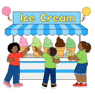 A lively ice cream stand with a bright blue awning and a large sign that reads "Ice Cream" in bold yellow letters. The stand has a display of colorful ice cream cones, including pink strawberry, green mint, and rich brown chocolate. Happy children of various ethnicities are lining up in front of the stand, eagerly pointing at the flavors. One child, with curly black hair and wearing a red t-shirt, holds a bright yellow cone topped with a swirl of rainbow sprinkles. Another child, with straight brown hair tied in a ponytail, is laughing while holding a green ice cream cone, looking excited. The sun is shining brightly, and there are vibrant decorations, including balloons and streamers, surrounding the stand.