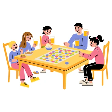 A family of four sitting around a wooden table, engaged in a lively board game. The parents, a mother with long brown hair and a father with short black hair, are smiling as they play. Two children, a boy with curly blonde hair and a girl with pigtails, are looking excitedly at the game board. The table is adorned with a colorful board game, several colorful game pieces, and a bowl filled with popcorn. There are two glasses of orange juice and a plate of cookies positioned nearby, adding to the cheerful atmosphere.