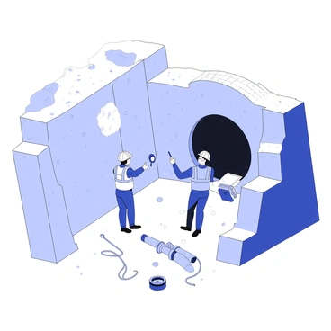 A team of engineers is gathered inside a newly excavated tunnel. The engineers are wearing hard hats and safety vests as they inspect the walls of the tunnel, which display rough, uneven surfaces showing signs of recent excavation. One engineer is holding a clipboard, taking notes, while another is pointing towards a section of the tunnel ceiling. There are tools and equipment scattered across the ground, including a surveying instrument and ropes. Dim lights are illuminating the space, highlighting the dust particles suspended in the air. The atmosphere conveys a sense of focus and careful examination.