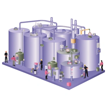 A digital flat illustration depicting a large chemical processing plant filled with multiple oversized metallic tanks and intricate piping systems. The tanks are cylindrical with various gauges and valves attached, showcasing different levels of liquid inside. The pipes are interconnected, winding through the scene, with some pipes appearing wider and others narrow, displaying a range of colors such as silver, blue, and green. In the busy environment, there are workers wearing safety helmets and uniforms, engaging in various tasks around the plant. The background is filled with industrial elements, including machinery, tools, and safety signs, creating a dynamic and operational atmosphere.