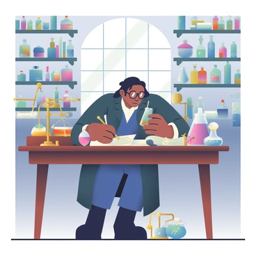 A historical laboratory filled with wooden shelves stacked with glass bottles and jars is depicted. In the center, "Boyle," a man with medium skin and shoulder-length dark hair, is intently working at a large wooden table covered with various scientific instruments. He is wearing a long, dark coat with rolled-up sleeves and spectacles perched on his nose. There are handwritten notes and parchment scattered around him. In one hand, he holds a glass flask filled with a colorful liquid, while the other hand is adjusting a brass apparatus connected to a series of tubes. Dim light filters in through an arched window, casting soft shadows across the room, highlighting an assortment of scales, balances, and a large leather-bound book open beside him on the table.