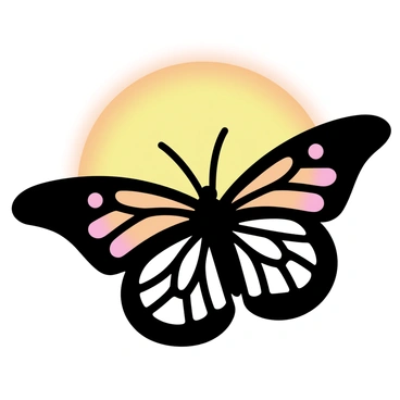 A "monarch butterfly" is depicted in "silhouette" form, with its distinct wing shape clearly defined against a bright "sunrise" background. The sky features a gradient of colors transitioning from deep orange to soft yellow, creating a vibrant atmosphere. The butterfly's wings are spread wide, showcasing the delicate patterns characteristic of its species. The scene conveys a sense of tranquility and beauty, with the focus on the striking contrast between the dark silhouette of the butterfly and the radiant colors of the sunrise.