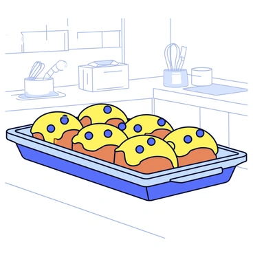 A rectangular tray filled with freshly baked blueberry muffins, with a golden-brown top and visible blueberries peeking through the batter. The tray is placed on a kitchen counter made of light-colored wood. The background features a soft-focus view of kitchen items such as a whisk and measuring cups. Soft light from a nearby window casts a gentle glow on the muffins, enhancing their appetizing appearance.