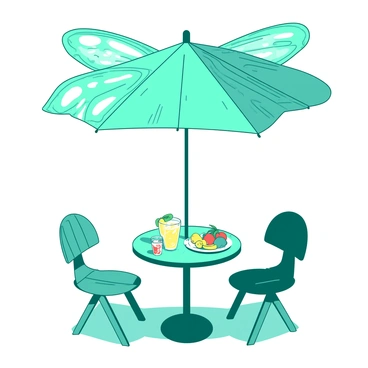 A teal umbrella shaped like a papillon butterfly is providing shade on a sunny day. The umbrella's fabric has intricate patterns resembling butterfly wings, with delicate details enhancing its design. Below the umbrella, there is a small round table with two matching teal chairs. On the table, there are two glasses filled with refreshing lemonade and a plate of colorful fruit. Sunlight filters through the butterfly wings, creating playful shadows on the ground.