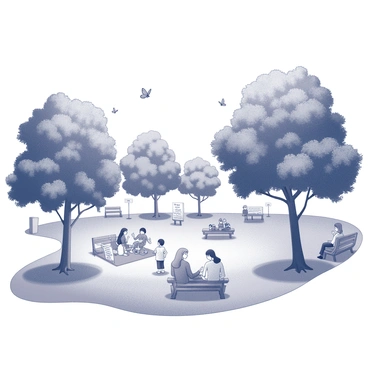 A park filled with lush trees and well-maintained green grass. Several people are scattered throughout the park, sitting on benches, relaxing on the grass, and walking along winding pathways. A family is having a picnic on a blanket, while a couple strolls hand in hand, taking in the natural surroundings. In the background, clear "environmental policy" signs are placed strategically, showcasing messages that promote conservation efforts. Birds can be seen perched on branches, and occasional butterflies flit through the air, adding to the atmosphere of the scene.