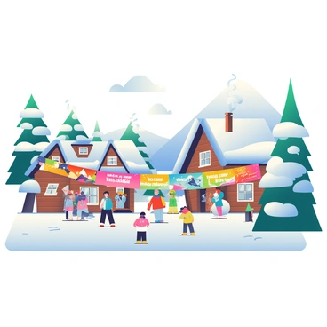 A quaint winter village is covered in a thick blanket of snow, with charming wooden houses featuring sloped roofs and smoke curling from their chimneys. Twinkling fairy lights adorn the eaves of the houses, reflecting the festive spirit. Biathlon-themed banners in bright colors are hung across the village square, showcasing images of skiers and snowy landscapes. Pine trees, heavy with snow, are scattered throughout the village, creating a picturesque winter scene. In the background, a gentle slope serves as a backdrop, hinting at the biathlon events taking place nearby. The atmosphere is lively, with villagers bundled in colorful winter attire, enjoying the cheerful ambiance.