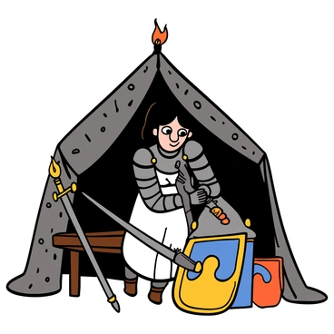 A young woman with light skin and big eyes is preparing to put on her shining armor in a medieval tent. She has long dark hair flowing down her back. The tent is made of heavy fabric with ornate patterns, and the interior is dimly lit by a flickering torch. The woman is wearing a white dress under the armor, and she is focused on fastening a delicate piece of armor at her shoulder. A sword lies on a wooden bench beside her, and a shield with a vivid emblem leans against the tent wall. The atmosphere conveys a sense of determination and bravery.