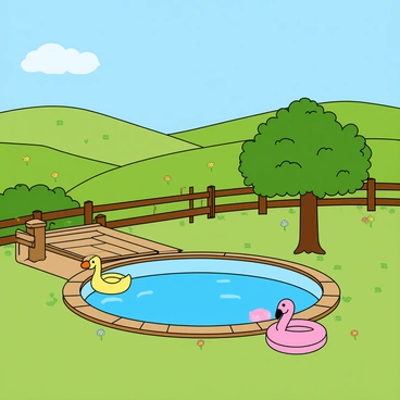 A small, round pool with clear blue water situated in a green rural farm setting. The pool is surrounded by a wooden deck and a few colorful pool floats, including a yellow duck and a pink flamingo. In the background, rolling hills covered in lush green grass stretch into the distance, dotted with wildflowers of various colors. A couple of tall trees provide shade near the pool area, and a wooden fence can be seen enclosing the space. The sky is bright blue, with a few fluffy white clouds scattered above.