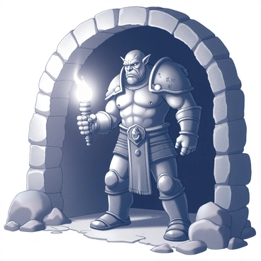 An orc guard stands imposingly at the entrance of a cave. The guard is clad in rugged, worn armor featuring intricate designs and battle scars. His stern face is illuminated by the flickering light of a torch held in one hand, casting shadows that accentuate his strong facial features. The cave entrance is rocky and dark, contrasting with the warm glow of the torch. In the background, the rough textures of the cave walls can be seen, hinting at the depth and mystery beyond. The orc's posture is strong and alert, indicating his readiness to defend the cave at a moment's notice.
