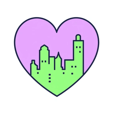 A heart shape is prominently displayed in the center of the image. At the bottom of the heart, there is a silhouette of a city skyline, featuring various building shapes including skyscrapers and towers. The buildings have distinct outlines and varying heights, creating an interesting contrast with the heart shape above. The skyline is detailed, with some windows represented in the design, adding depth to the silhouette. The heart and skyline elements are integrated smoothly, forming a cohesive visual composition.