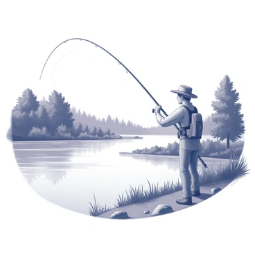 An angler stands by the bank of a gently flowing river. The angler is dressed in outdoor gear, including a fishing vest and a wide-brimmed hat. The fishing rod is raised, with the line gracefully arcing through the air as it is cast into the water. The river is bordered by lush greenery, with trees and bushes lining the banks. The water reflects the surrounding foliage, creating a natural frame for the scene. A few rocks are visible at the water's edge, adding texture to the landscape.