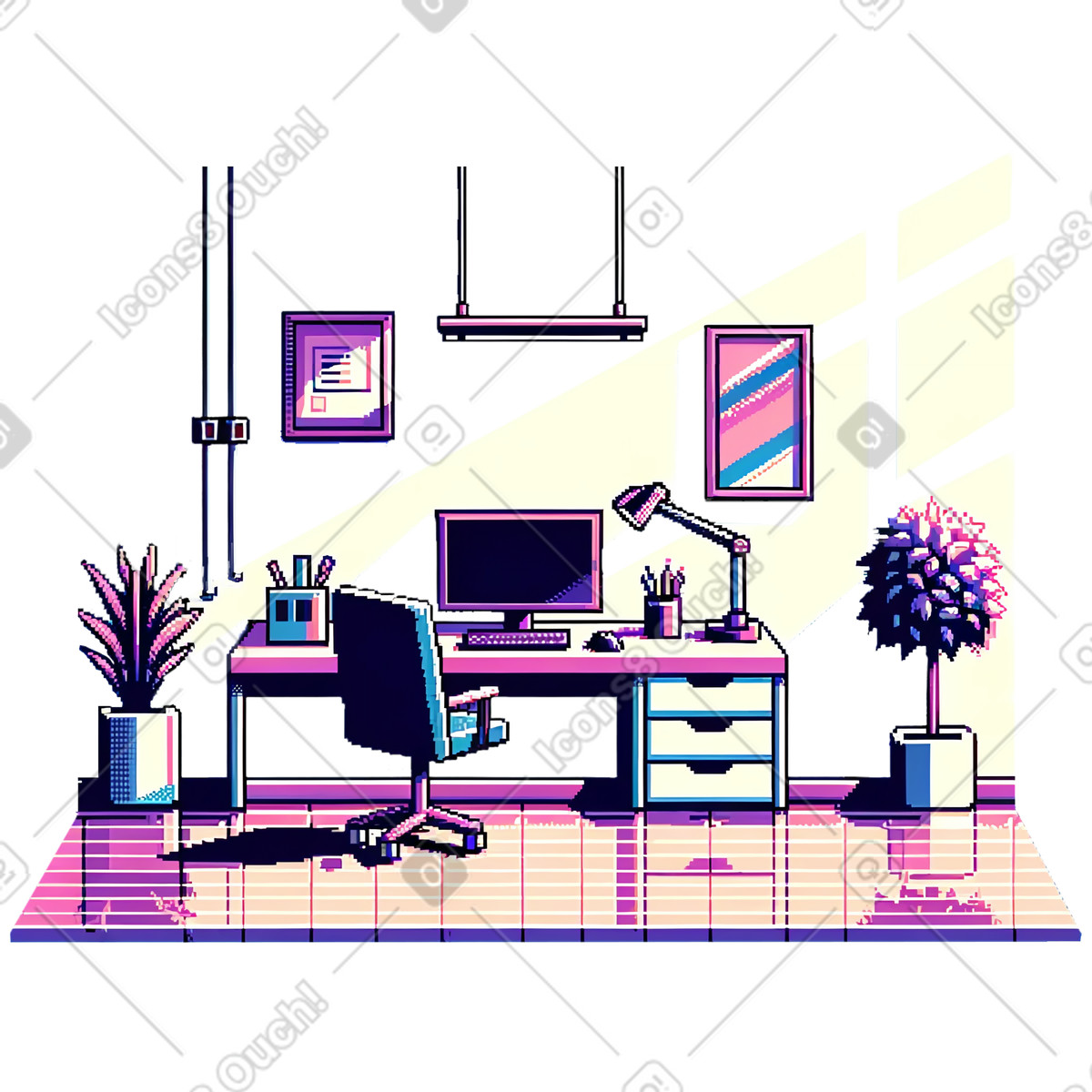 Sfondo pixel di un ufficio in casa con la luce che splende attraverso finestra illustrazione stile Experimental scarica PNG, SVG