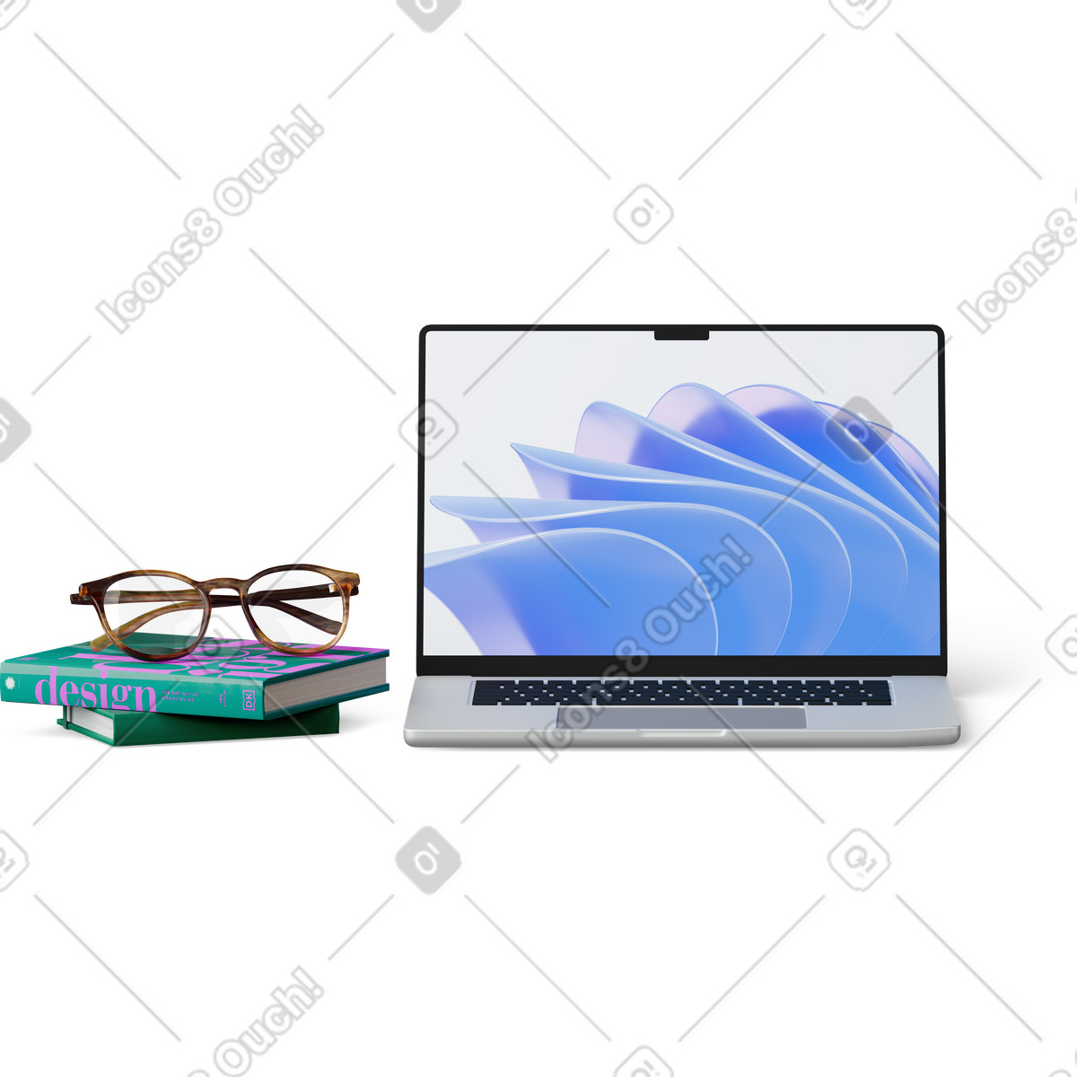 Front view of laptop books and glasses-Illustration im 3D Hygge-Stil als Download in PNG, SVG