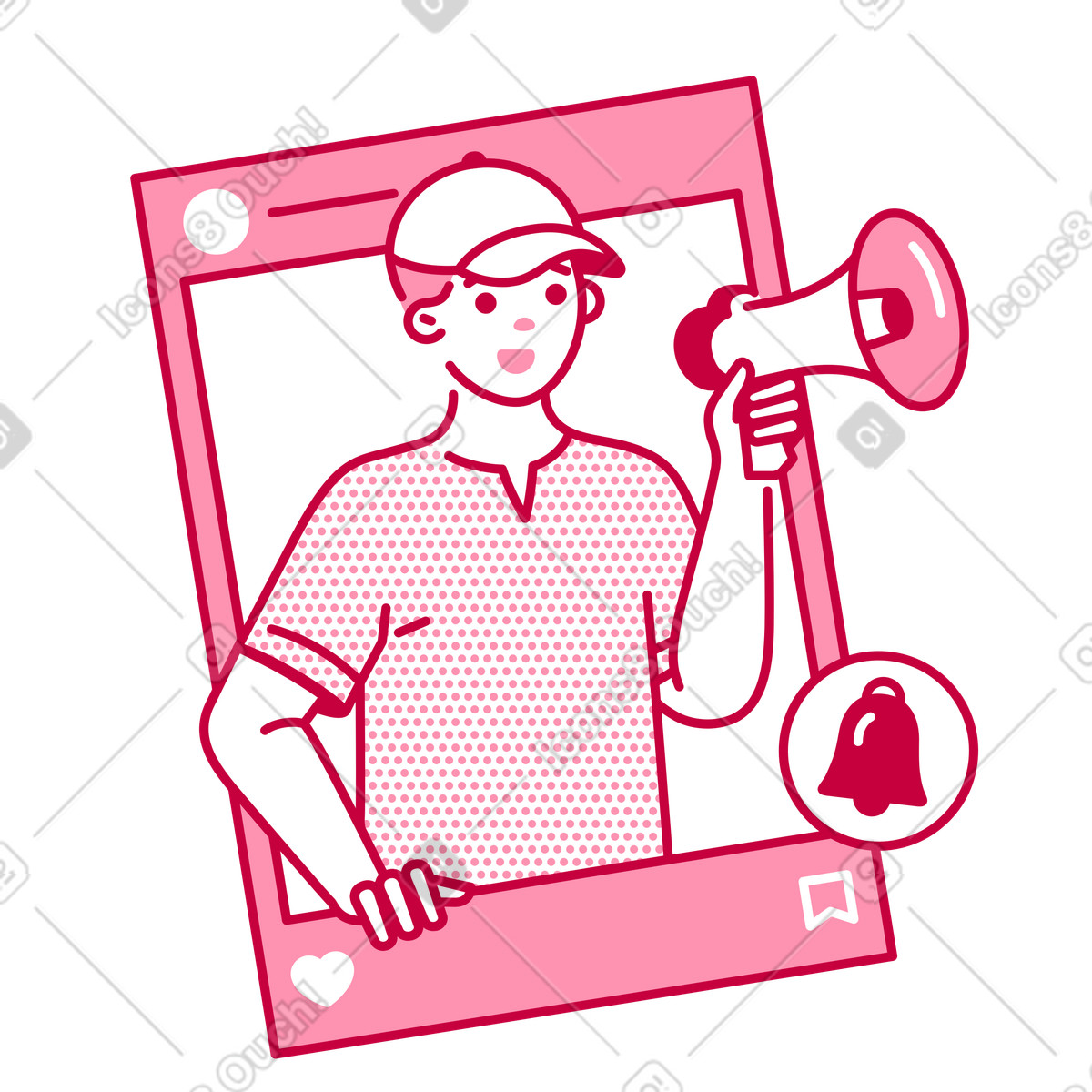 Mann mit mütze und lautsprecher im rahmen eines social-media-beitrags animierte Illustration Natty-Stil als Download in GIF, Lottie (JSON), AE