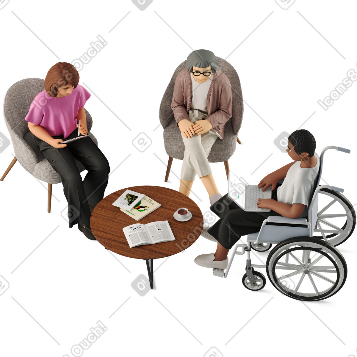 Three women discussing illustration clipart graphics vectors for discussion theme