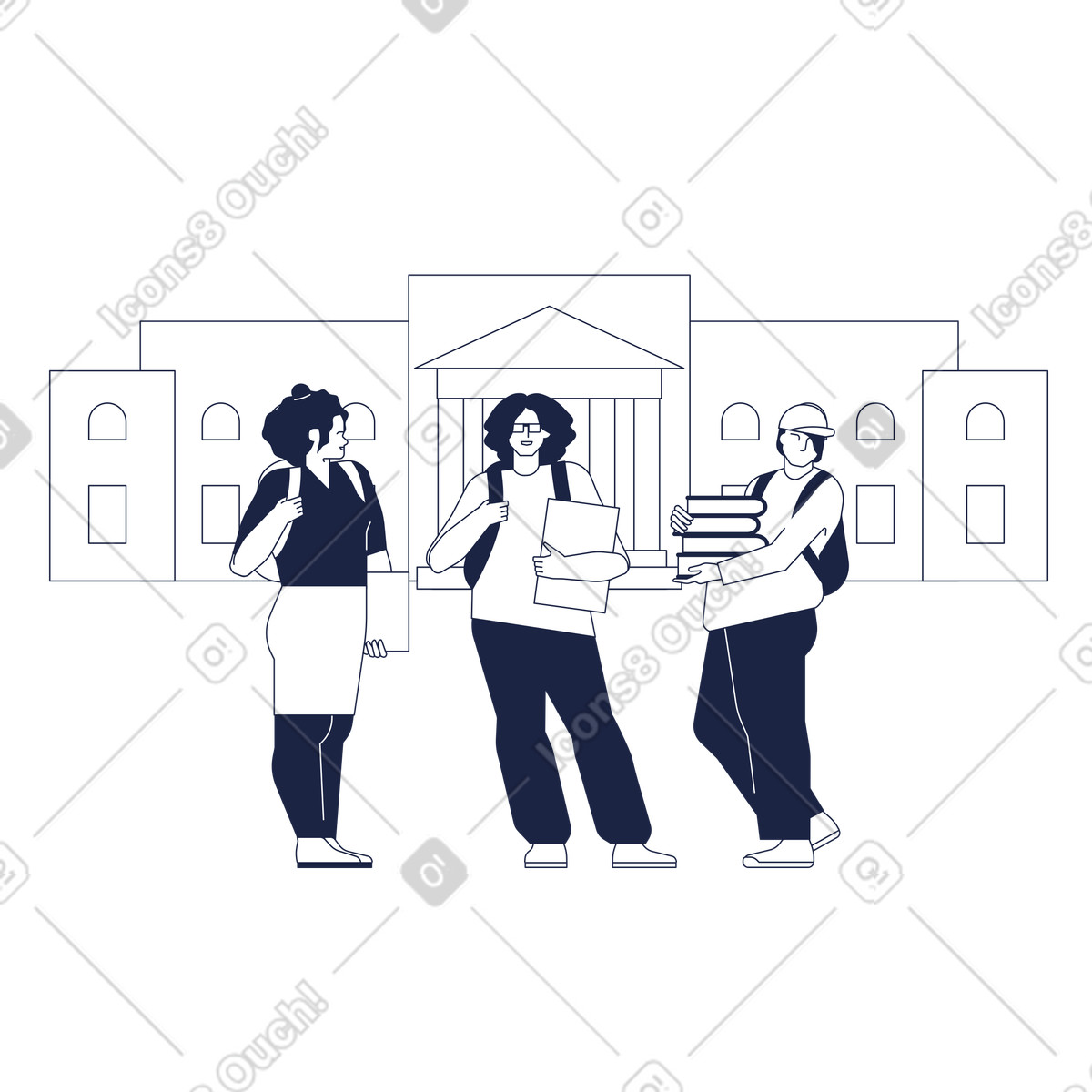 College students with backpacks and books illustration educational clipart images near university building