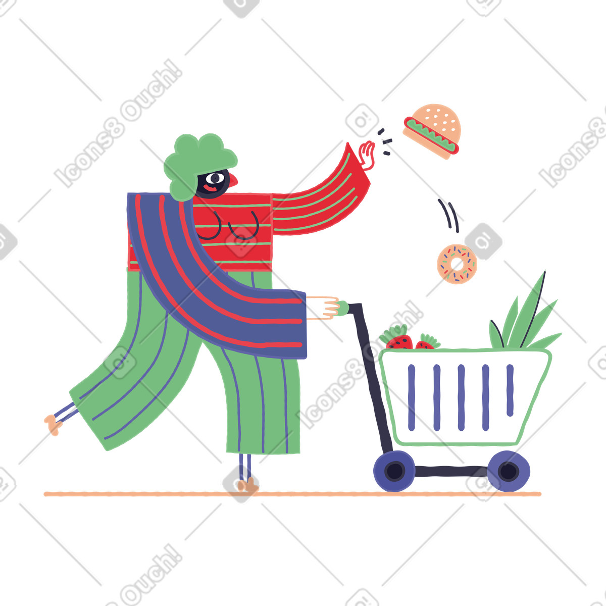 Ilustração de Mulher colocando hambúrguer e donut no carrinho compras em estilo Stripy para baixar em PNG, SVG