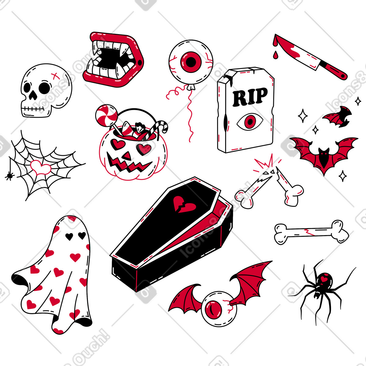 Halloween and horror items sticker pack illustration in Ruby style download in PNG, SVG