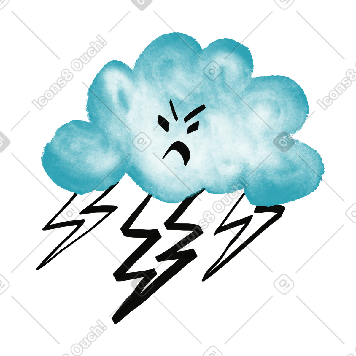 Illustration Cloud angry face with three jagged lightning bolts below dans le style Watercolor sketch à télécharger aux formats PNG, SVG