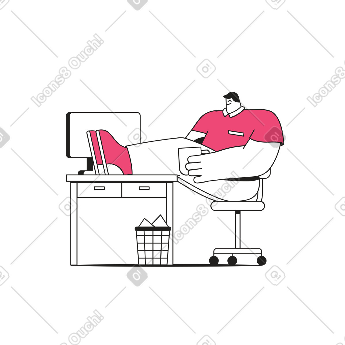 Ilustração animada de Homem sentado perto do computador com copo em no estilo Dazzle Line para baixar em GIF, Lottie (JSON), AE