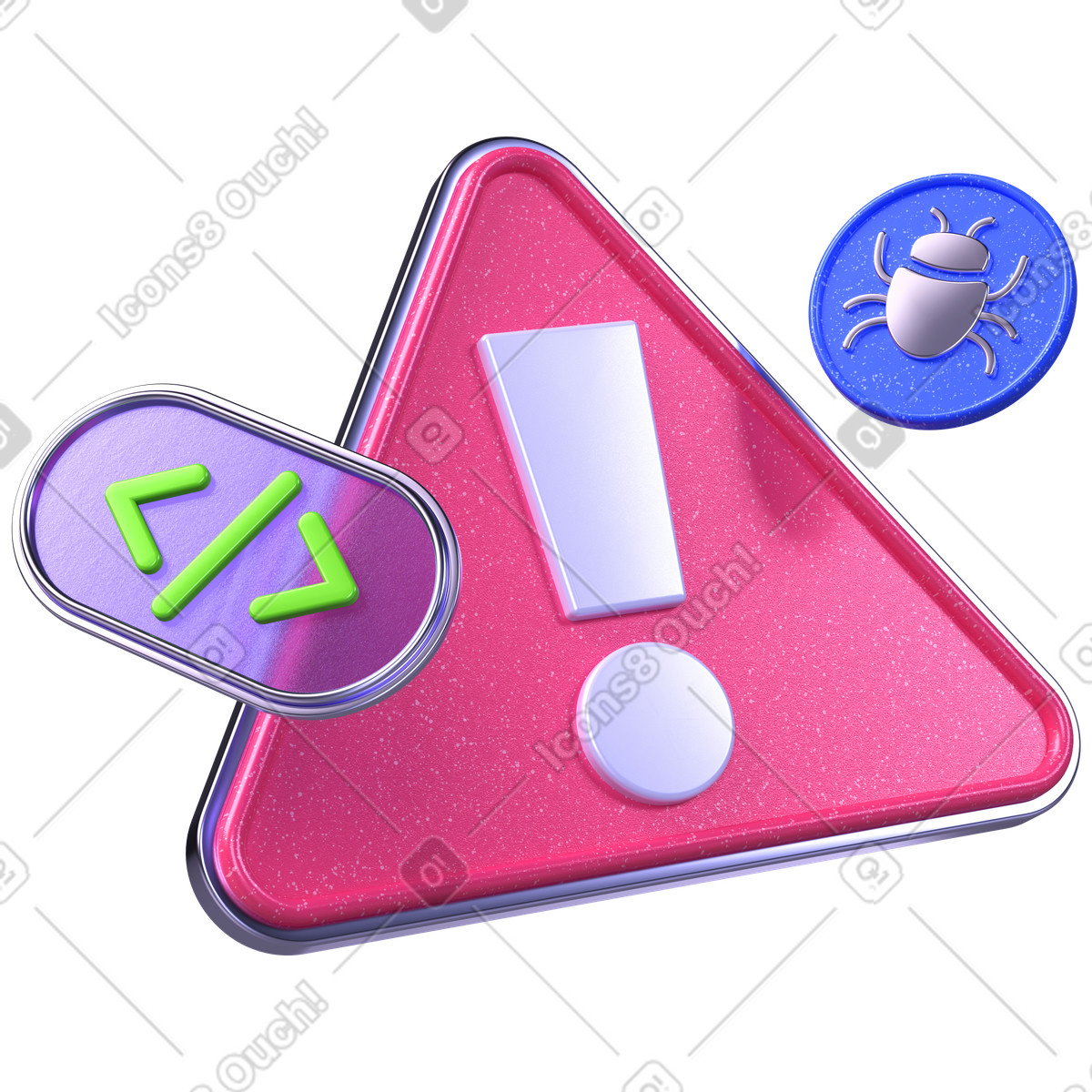 Illustration Avertissement d'erreur de code, alerte détection bogue, icône dépannage logiciel dans le style 3D Boost à télécharger aux formats PNG, SVG