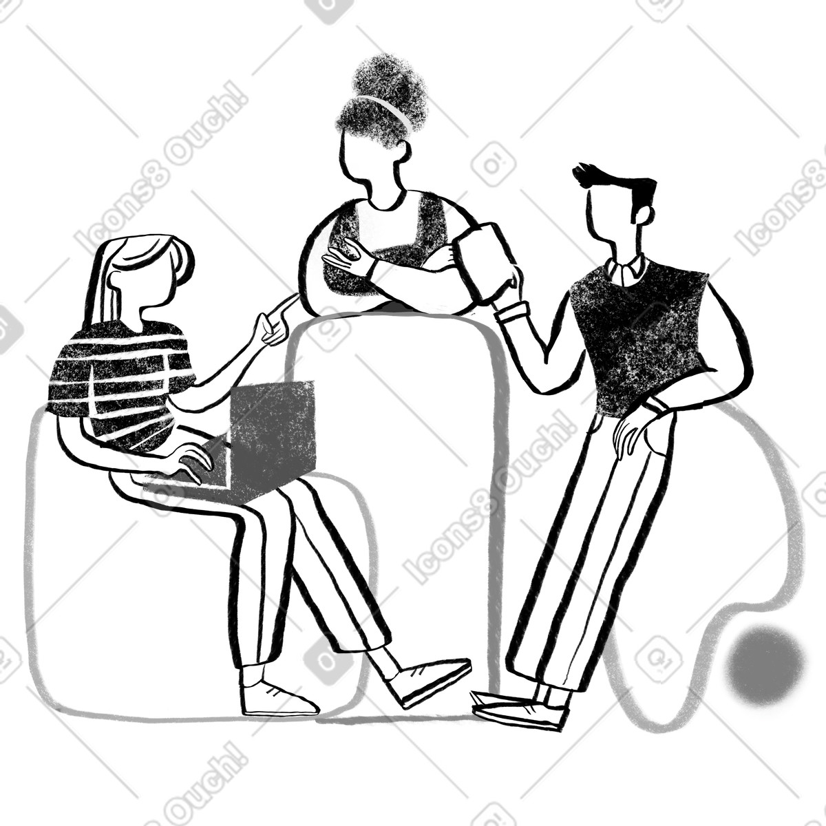 下载 Company 风格的 Black and white three co workers brainstorming 插画，支持 PNG、SVG 格式