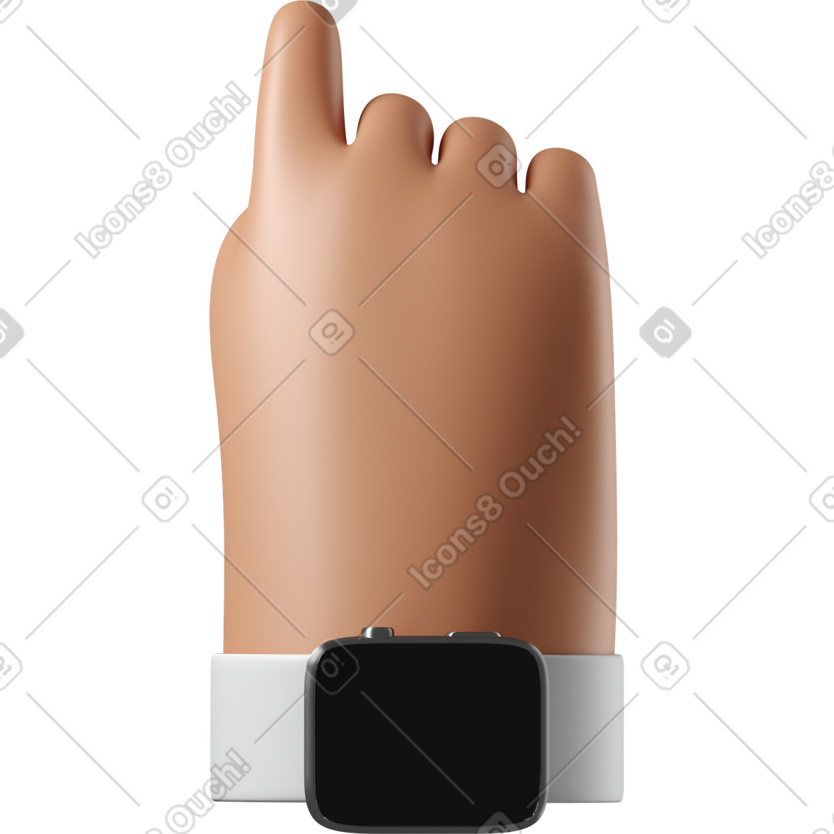 下载 3D Hands Fun&Wild 风格的 一只晒黑的皮肤手的后视图，智能手表已关闭，指向上方 插画，支持 PNG、SVG 格式