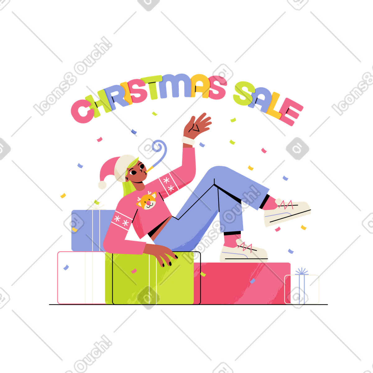 Vendita di natale scritta con ragazza che si siede su scatole regalo illustrazione in stile Juicy scarica in PNG, SVG