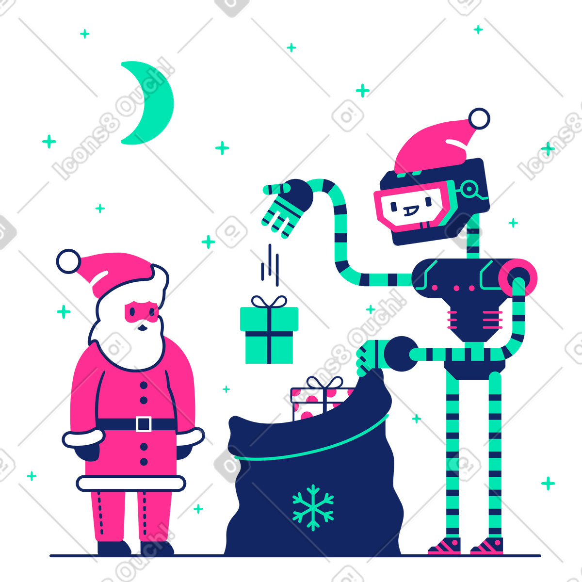 Robot helping Santa pack gifts at night, Christmas collaboration and holiday preparation illustrazione in stile Cyborg scarica in PNG, SVG