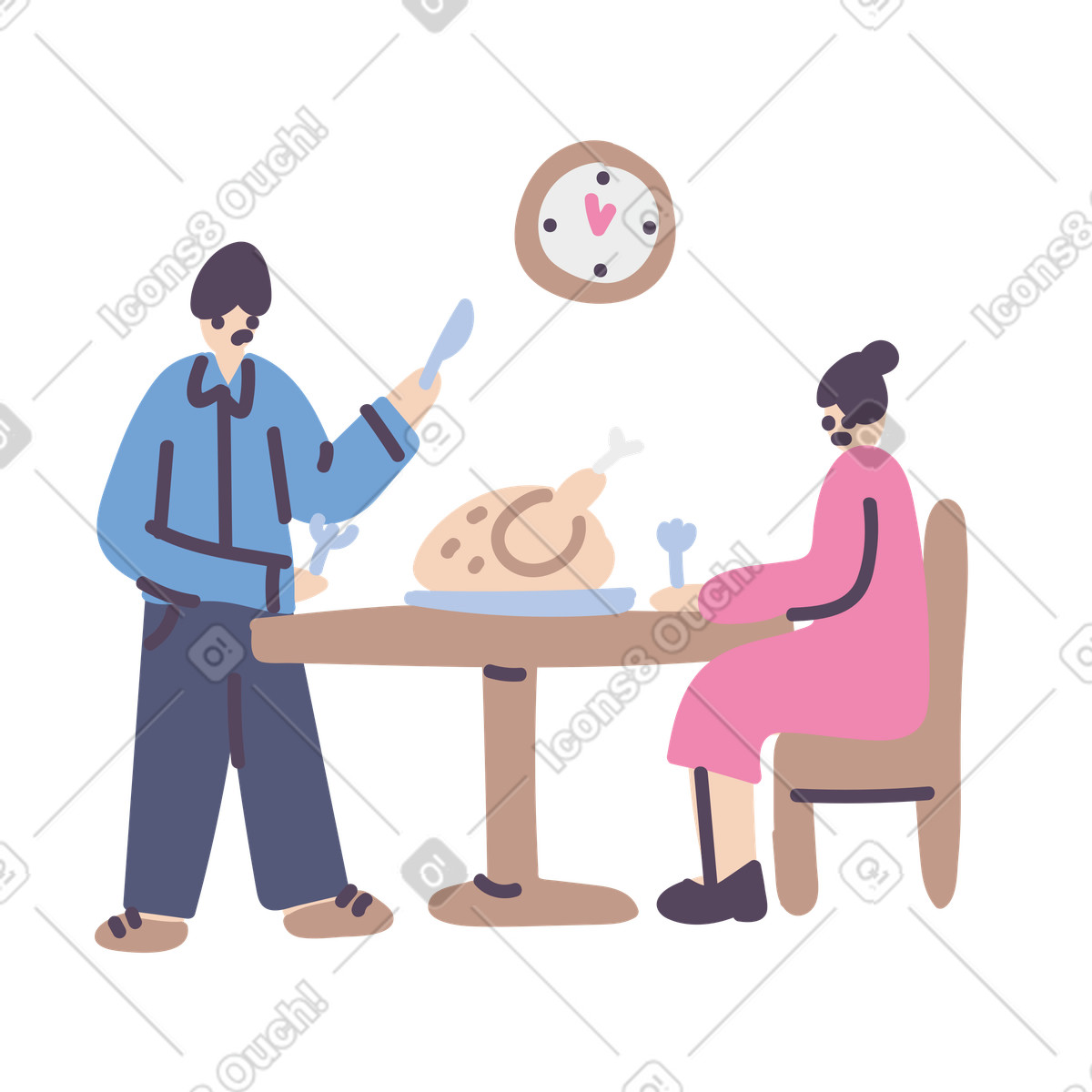 A man and woman sitting at table with turkey illustration in Pluto style download in PNG, SVG