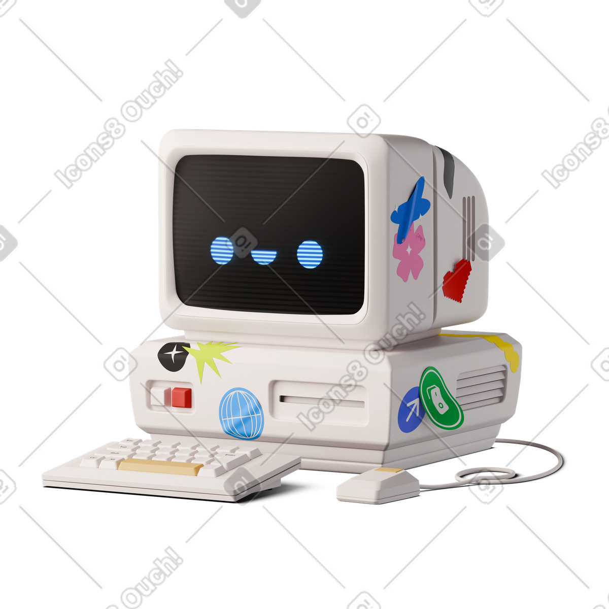 Retro computer with face and stickers illustration in 3D Stickle style download in PNG, SVG