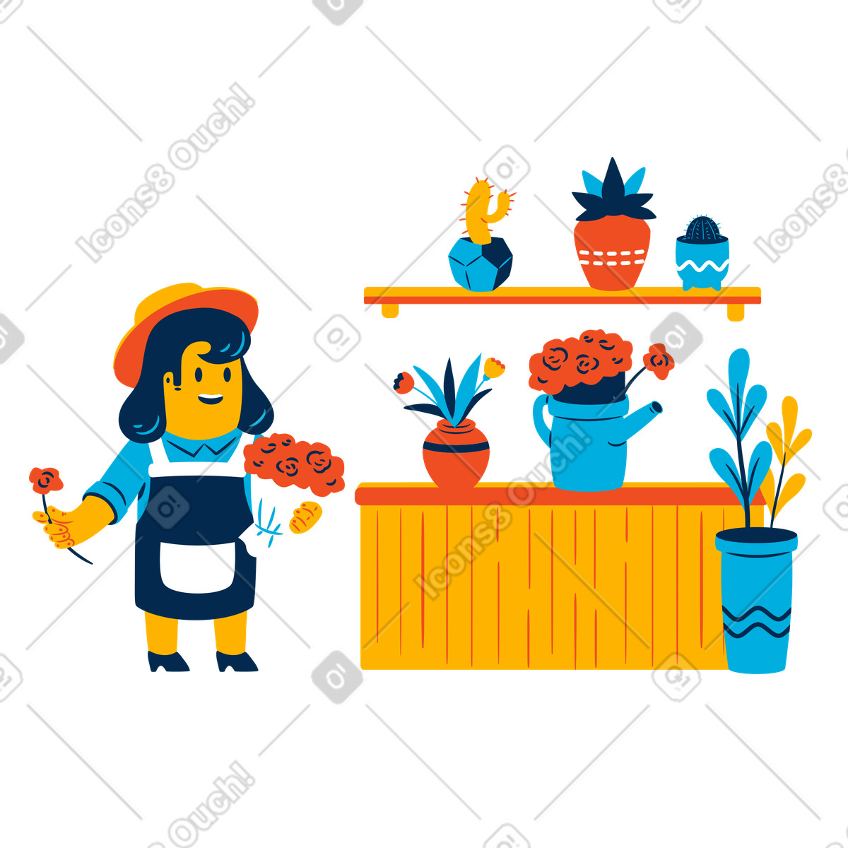 Ilustración Florista sonriente sosteniendo un ramo en una floristería estilo Flame a descargar PNG y SVG