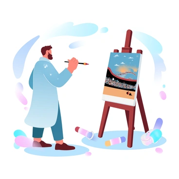 An artist is standing in front of a large canvas, focused on painting a dramatic scene from "Carmen's story." The artist is holding a paintbrush in one hand and has a palette of vibrant colors in the other. The canvas features a lively depiction of a bullfighting arena filled with spectators. The artist is dressed in a long smock, with splashes of paint on it. Sunlight is illuminating the scene, casting soft shadows around the artist and the easel. Colorful paint tubes are scattered on the ground, and an overflowing paintbrush holder is positioned nearby.