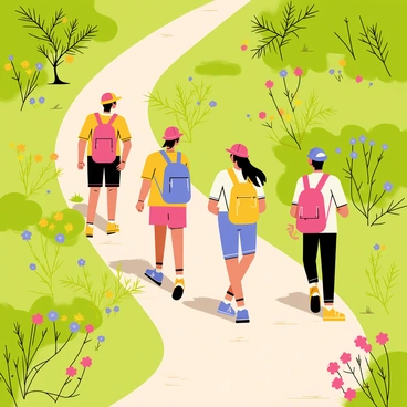 A group of four hikers walking along a winding dirt trail through a dense fynbos area. The hikers are wearing colorful backpacks and hats, and they are engaged in conversation. Surrounding them, various wildflowers bloom in bright colors such as yellow, purple, and pink. The fynbos consists of lush green shrubs and small trees, providing a rich backdrop to the scene. The sun shines down, casting playful shadows on the trail.