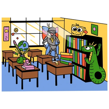 A brightly colored classroom filled with wooden desks and colorful posters on the walls. In the foreground, a whimsical short fairy with big eyes and vibrant wings is fluttering around, examining a globe on a desk. Next to her, a tall, heroic knight with big eyes, wearing shining armor and a flowing cape, is looking at a stack of books with curiosity. A mischievous dragon with big eyes and shiny scales is peeking out from behind a large bookshelf, its tail curling around the corner. Sunlight streams through the windows, illuminating the characters as they explore their new environment with wonder and excitement.