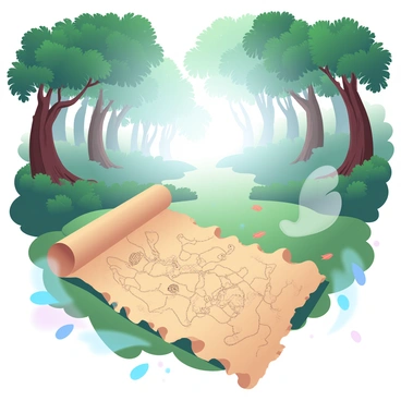A dense forest with tall, lush trees covered in green foliage fills the scene. The ground is blanketed with soft moss and scattered fallen leaves. In the foreground, an old treasure map is partially unfurled, revealing intricate drawings and markings. The map has aged parchment texture, with yellowed edges and delicate lines depicting routes and landmarks. Sunlight filters through the tree canopy, casting dappled light on the map and forest floor. Wisps of fog gently rise from the ground, adding an air of mystery to the scene.