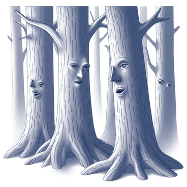 A dense forest filled with tall trees. Each tree has intricate faces carved into its trunk, showcasing various expressions such as joy, sorrow, and wisdom. The bark of the trees appears textured and rugged, emphasizing the age of the forest. Wisps of mist curl around the base of the trees, creating an atmosphere of mystery. Light filters through the canopy, casting dappled shadows on the ground. The trees seem to lean slightly towards each other, as if engaged in quiet conversation, their carved faces hinting at the ancient secrets they hold.