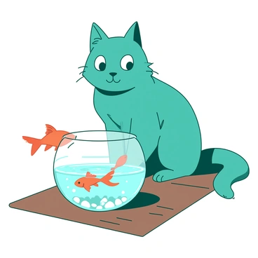 A teal cat with wide, curious eyes is sitting on a wooden table, intensely watching an orange fish swimming in a round glass bowl. The bowl is filled with clear water, and there are a few pebbles at the bottom. The cat's ears are perked up, and its tail is flicking back and forth in anticipation. The fish is gracefully gliding through the water, creating small ripples as it moves. Sunlight is reflecting off the bowl, creating a shimmering effect around the cat and the fish.