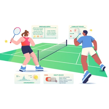 An educational illustration features a vibrant badminton court marked with lines for singles and doubles play. In the foreground, there are two players: one is a woman with brown hair tied in a ponytail wearing a red sports tank top and black shorts, and the other is a man with short black hair wearing a blue t-shirt and white athletic shorts. They are demonstrating basic techniques, such as a forehand serve and a backhand shot, with shuttlecocks visibly in the air. 

To the side, there are labeled diagrams outlining key rules, like the scoring system and boundaries, with arrows indicating movement and positions. A shuttlecock is placed on a graphic that explains its components, including the cork and feathers. The colors are bright and engaging, making the information clear and visually appealing.