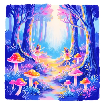 A mystical forest is filled with tall, ancient trees with thick trunks and expansive canopies. The ground is covered in rich green foliage, and vibrant, glowing mushrooms in various colors are scattered throughout the forest floor. Small fairies with delicate wings flit among the mushrooms, their lights shimmering in the dim light of the forest. They have flowing gowns made of leaves and petals, and their hair is adorned with tiny flowers. Soft beams of light filter through the treetops, creating a magical ambiance within the scene.