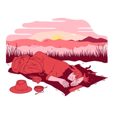 A red vagabond is waking up on a small blanket spread out on the ground in the middle of a wide-open plain. The vagabond has tousled hair and is stretching as the first light of dawn breaks over the horizon. In the background, the sky is filled with shades of orange and pink as the sun rises, casting a warm glow across the landscape. Tall grass sways gently in the breeze, and a few distant hills can be seen under the colorful sky. The vagabond's simple belongings are scattered nearby, including a small backpack and a worn-out hat.