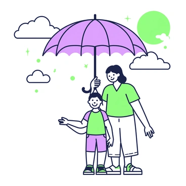 A parent is standing, holding an oversized umbrella above their child. The umbrella is large, providing ample shade for the child beneath. The child is smiling and looking up at the parent, who has a gentle expression on their face. They are both dressed casually, with the child wearing a colorful shirt and shorts. The background features a clear sky with a bright sun shining, casting distinct shadows on the ground. There are a few scattered clouds in the sky, adding depth to the scene. The parent’s other hand is resting on the child’s shoulder, conveying a sense of protection and warmth.