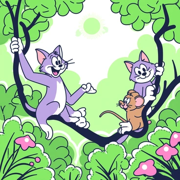 Tom and Jerry are swinging on thick vines in a dense jungle. Tom, a gray cat with pointed ears, is clinging to a sturdy vine, his eyes wide with a mix of excitement and surprise. Below him, lush green foliage and vibrant jungle plants are visible. Jerry, a small brown mouse, is swinging alongside him, grinning mischievously as he hangs onto another vine. In the background, towering trees with broad leaves reach towards the canopy, and patches of sunlight filter through, illuminating the scene. Small tropical flowers add pops of color among the greenery.
