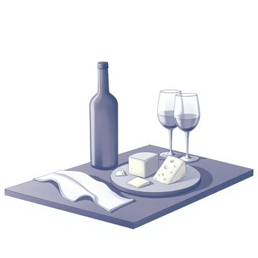 A bottle of wine stands upright on a wooden table. Next to it, there is a wooden cheese board displaying an assortment of cheeses arranged neatly. The cheeses are varied in shape and size, including a round cheese, a wedge, and slices. Each cheese has a unique texture, some are smooth while others are crumbly. In the background, there are two elegant wine glasses, partially filled, reflecting light. A simple white cloth is draped casually on the table, enhancing the intimate atmosphere of the setting.