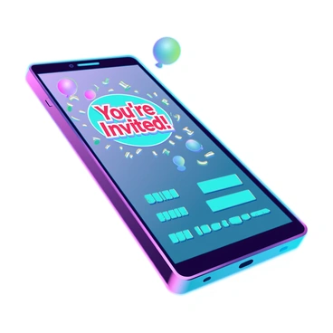 A sleek smartphone displaying a digital event invitation on its screen. The invitation features vibrant and colorful festive graphics, including confetti and balloons. The text includes details such as "You're Invited!" in bold letters, along with the date, time, and location of the event. The background shows a stylish, modern setting with soft lighting, emphasizing the smartphone and its illuminated screen.